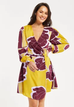 Women's Mini Dress with Long Balloon Sleeves in Yellow and Burgundy Geometric Floral Print - Liquorish