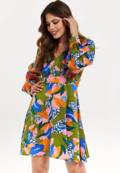 Women's Mini Dress with Long Balloon Sleeves in Olive - Abstract Leaf Print with V-Neck and Satin Shimmer Fabric by Liquorish