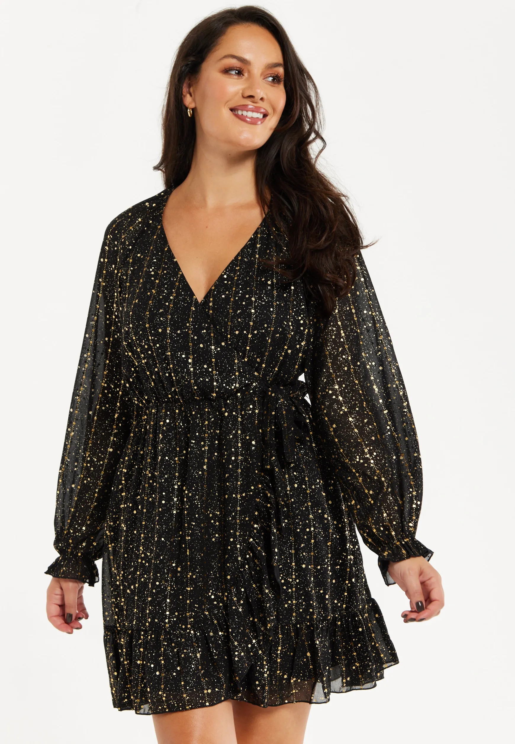 Women's Mini Dress with Long Sleeves in Gold Chiffon - Stylish Wrap Design, Perfect for Any Occasion - Liquorish