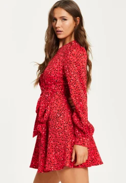 Women's Mini Dress with Long Sleeves in Red - Heart Print Wrap Style, V Neck, Adjustable Tie Waist, by Liquorish