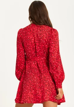 Women's Mini Dress with Long Sleeves in Red - Heart Print Wrap Style, V Neck, Adjustable Tie Waist, by Liquorish