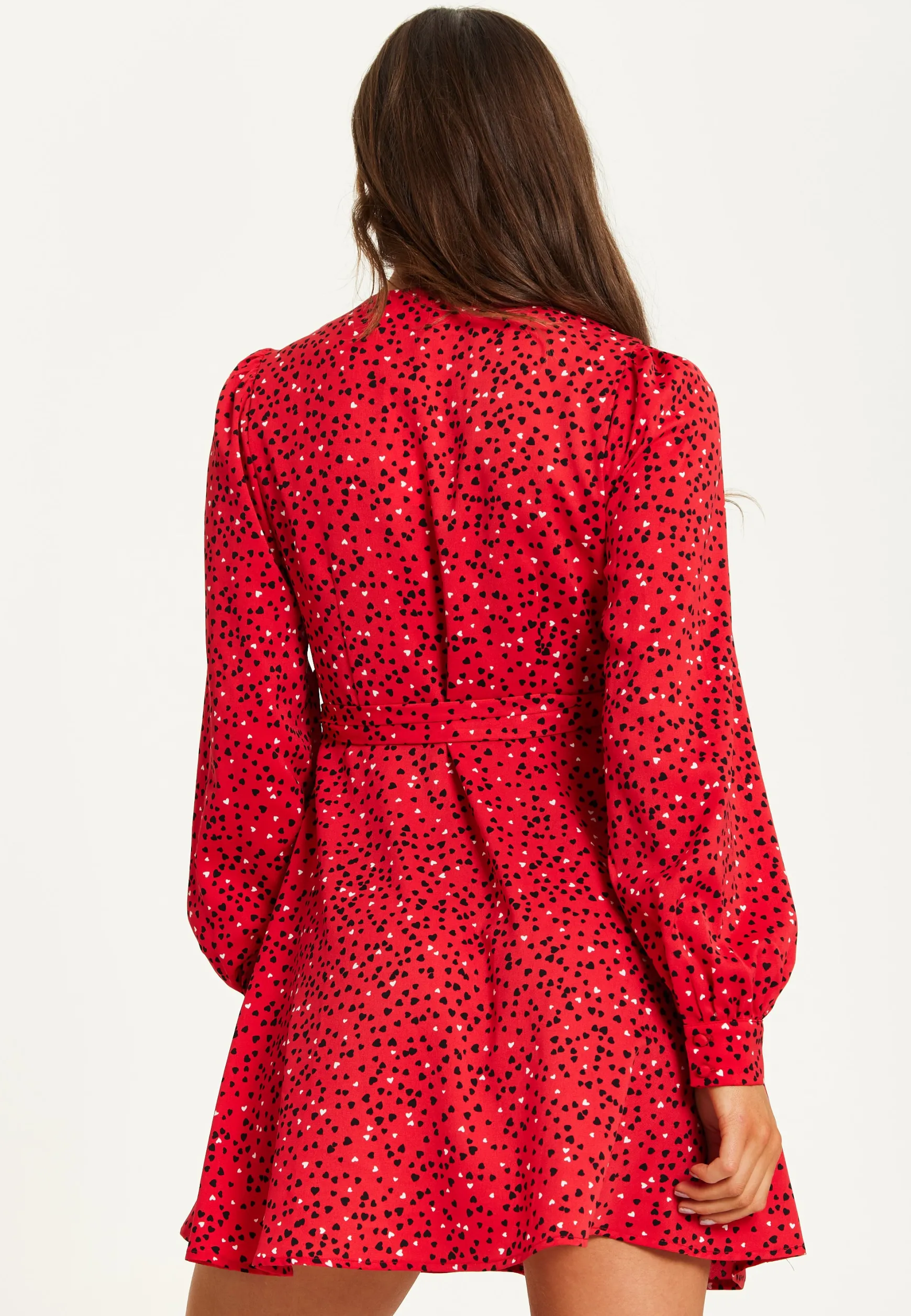 Women's Mini Dress with Long Sleeves in Red - Heart Print Wrap Style, V Neck, Adjustable Tie Waist, by Liquorish