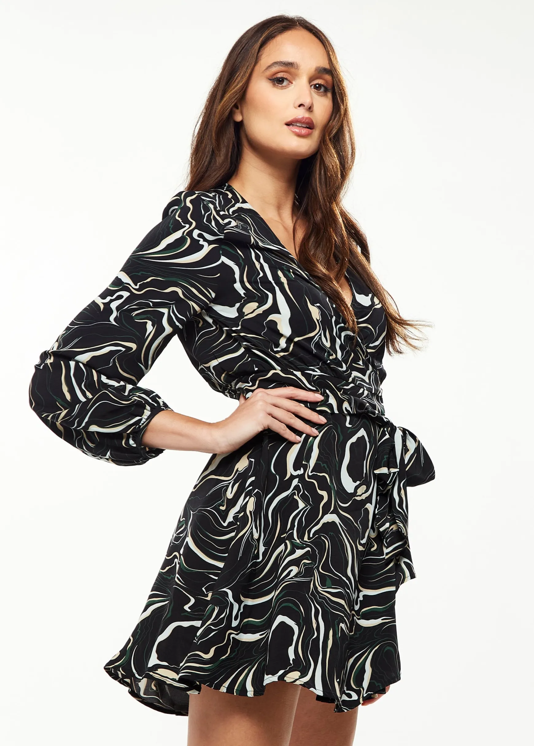 Women's Mini Dress with Long Sleeves in Black - Flattering Wrap Style and Playful Scribble Print by Liquorish