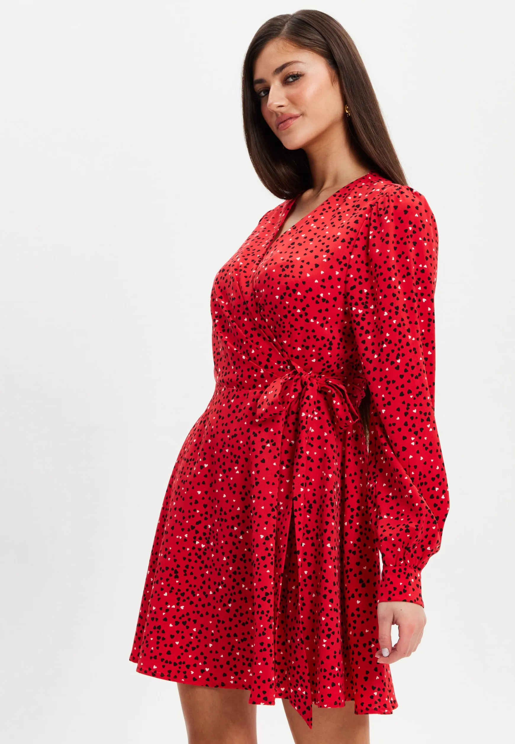 Women's Mini Dress with Long Sleeves in Red - Heart Print Wrap Style, V Neck, Adjustable Tie Waist, by Liquorish