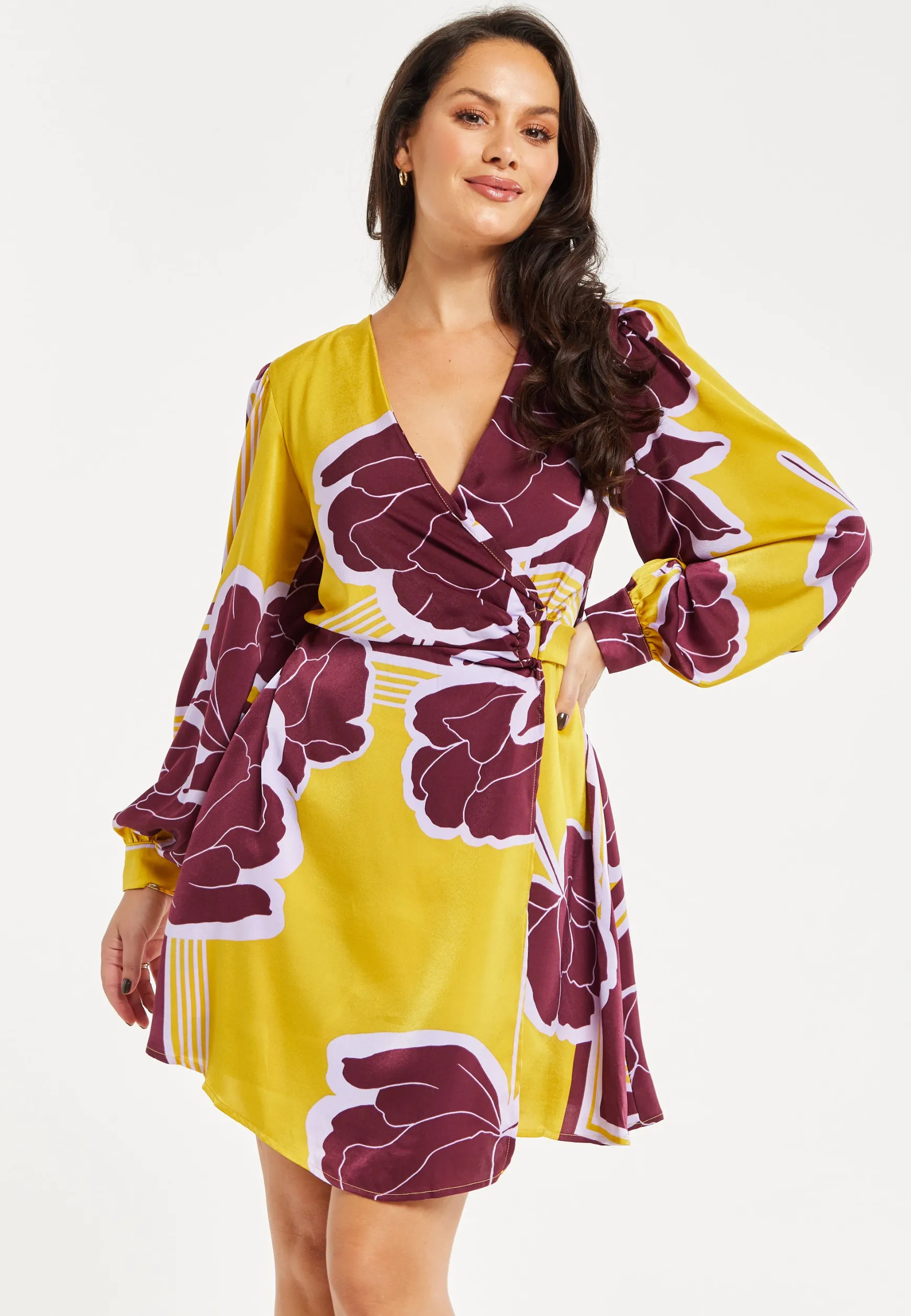 Women's Mini Dress with Long Balloon Sleeves in Yellow and Burgundy Geometric Floral Print - Liquorish