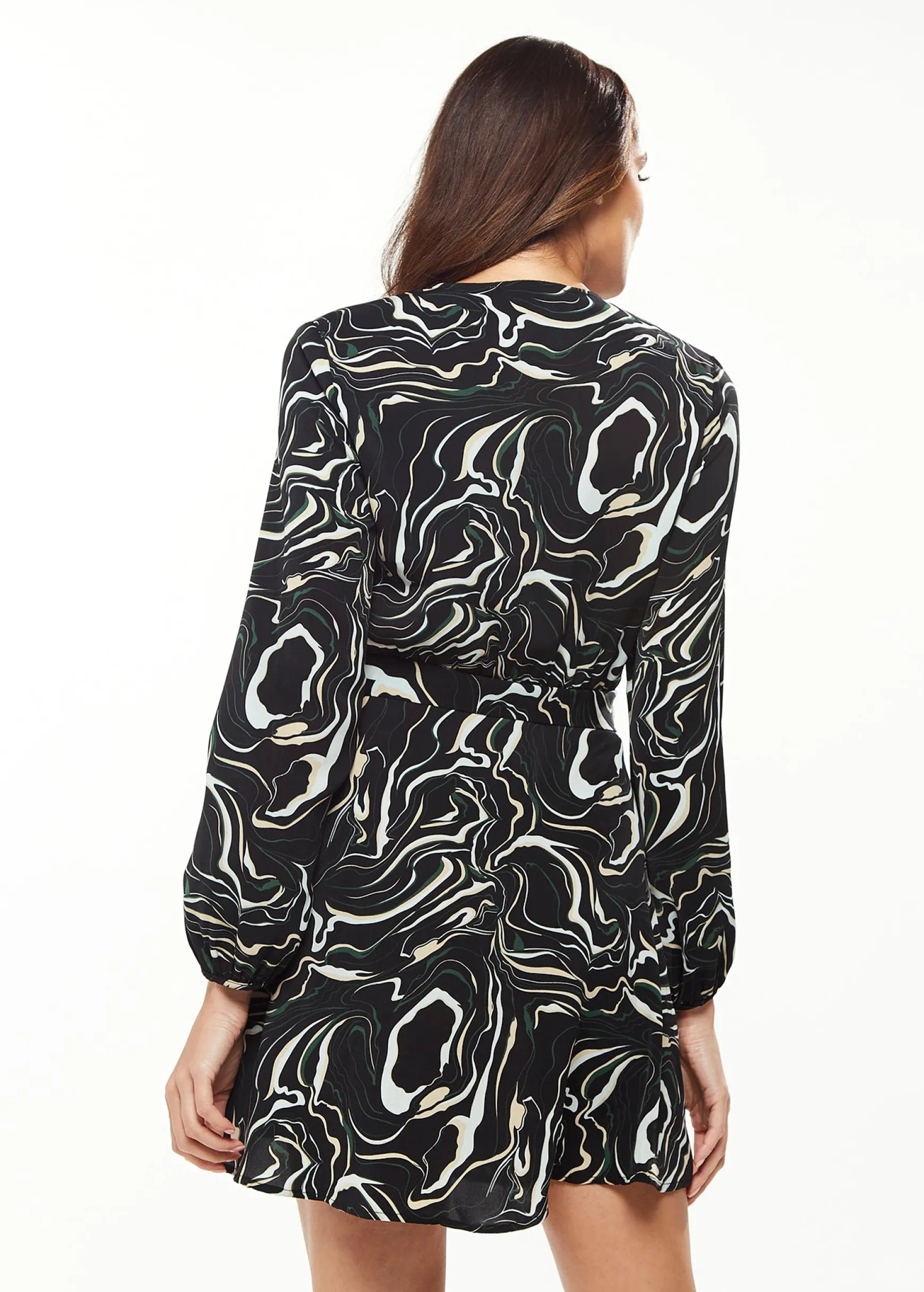 Women's Mini Dress with Long Sleeves in Black - Flattering Wrap Style and Playful Scribble Print by Liquorish
