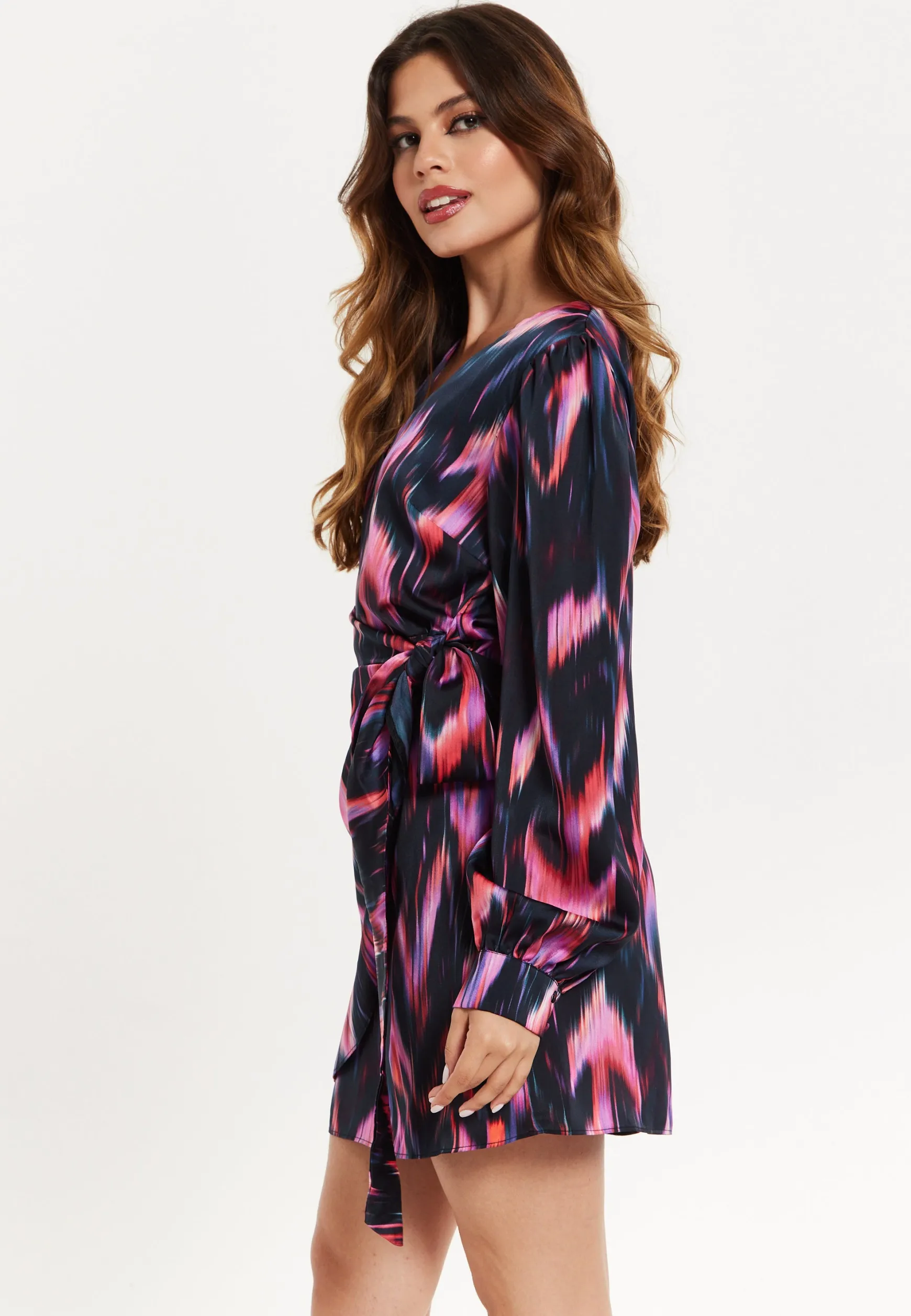 Women's Mini Dress with Long Balloon Sleeves in Black and Pink Abstract Print, Featuring Wrap Design and Side Leg Slit, Liquorish