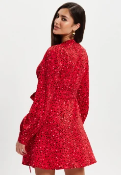 Women's Mini Dress with Long Sleeves in Red - Heart Print Wrap Style, V Neck, Adjustable Tie Waist, by Liquorish