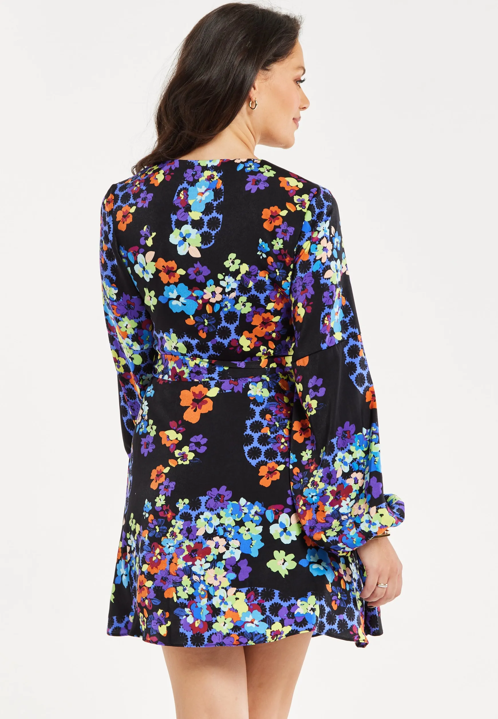 Women's Mini Dress with Long Balloon Sleeves in Orange and Blue Speckle Floral Print – Wrap Design by Liquorish