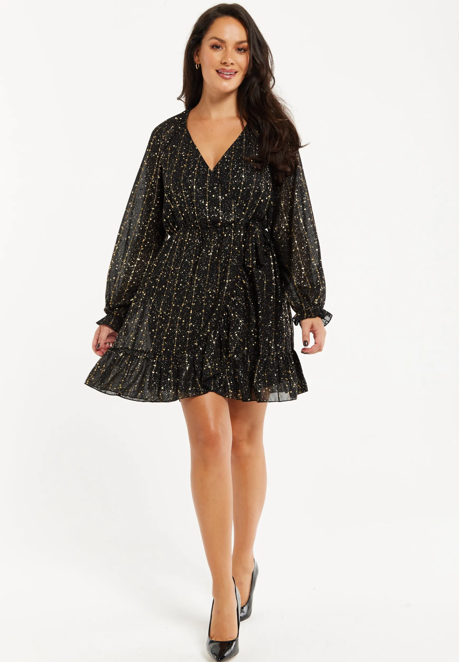 Women's Mini Dress with Long Sleeves in Gold Chiffon - Stylish Wrap Design, Perfect for Any Occasion - Liquorish