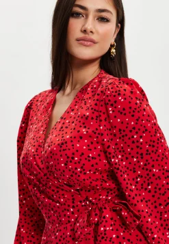 Women's Mini Dress with Long Sleeves in Red - Heart Print Wrap Style, V Neck, Adjustable Tie Waist, by Liquorish