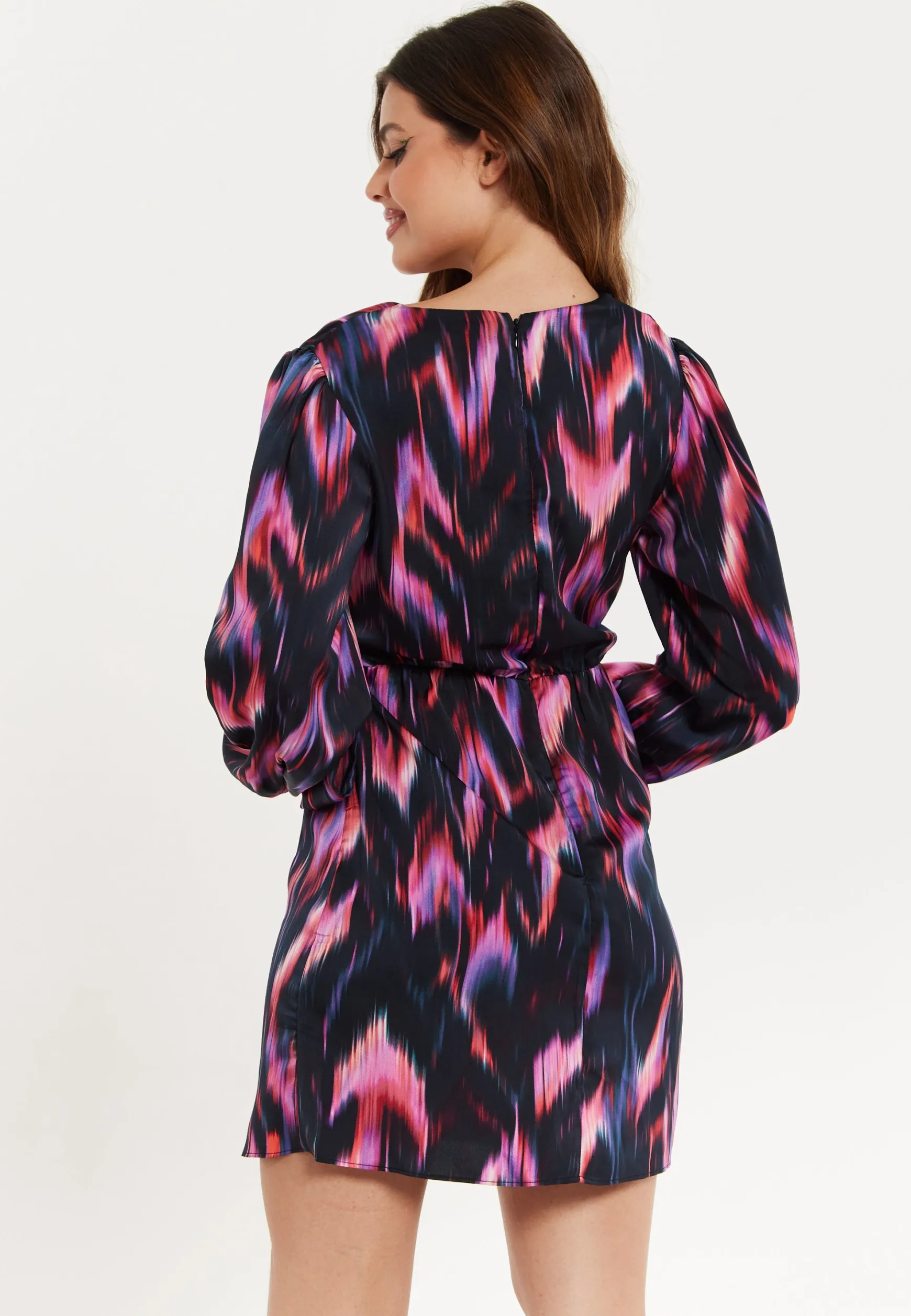 Women's Mini Dress with Long Balloon Sleeves in Black and Pink Abstract Print, Featuring Wrap Design and Side Leg Slit, Liquorish