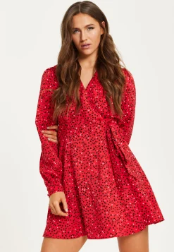 Women's Mini Dress with Long Sleeves in Red - Heart Print Wrap Style, V Neck, Adjustable Tie Waist, by Liquorish
