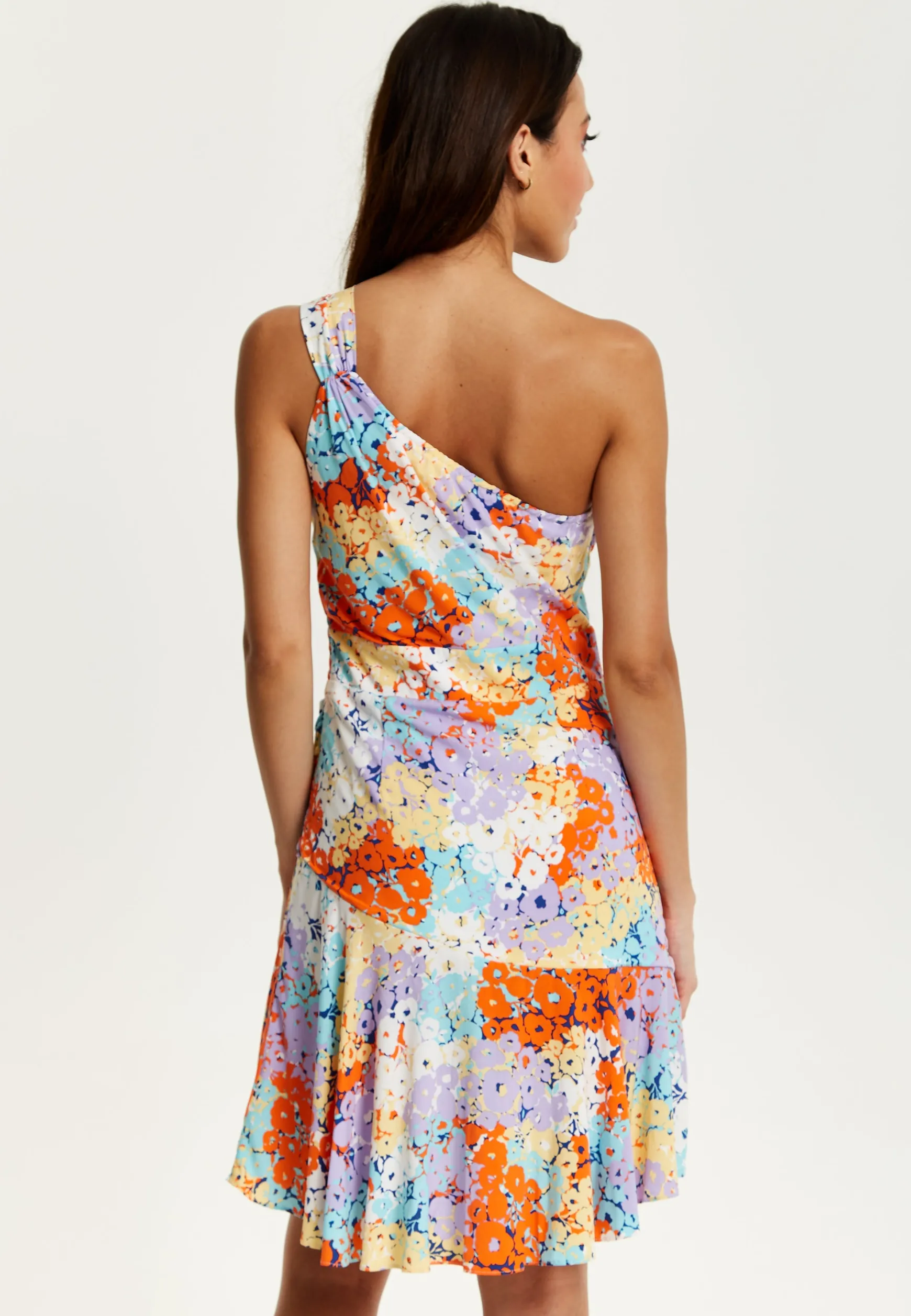 Women's Mini Dress with One Shoulder Style and Frill Details in Multicolour Floral Print - Liquorish