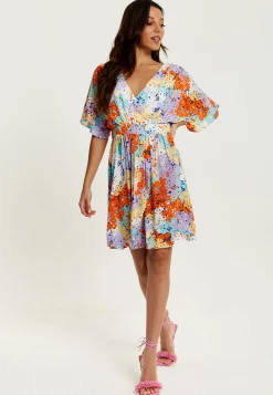 Women's Mini Dress with Open Back and Elasticated Waist in Multicolour Floral Print - Liquorish