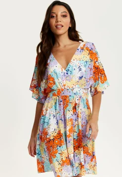 Women's Mini Dress with Open Back and Elasticated Waist in Multicolour Floral Print - Liquorish