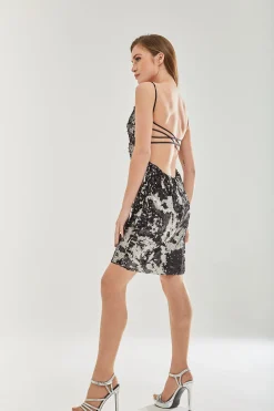 Women's Mini Dress with Open Back and Short Sleeves in Dazzling Sequin - Glamorous Liquorish
