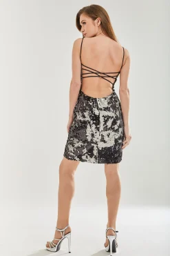 Women's Mini Dress with Open Back and Short Sleeves in Dazzling Sequin - Glamorous Liquorish