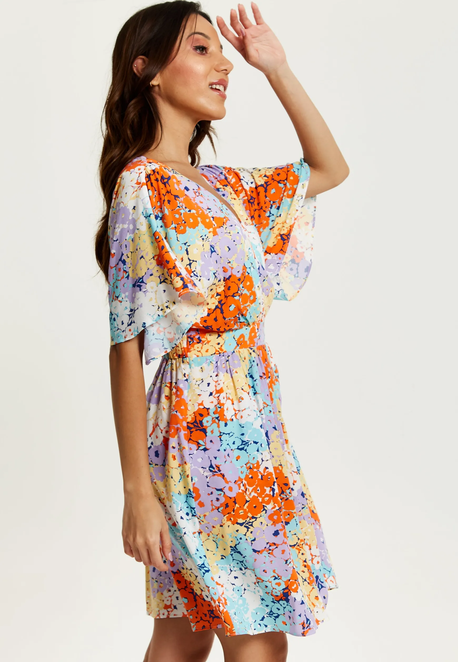 Women's Mini Dress with Open Back and Elasticated Waist in Multicolour Floral Print - Liquorish