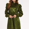 Women's Mini Dress with Puff Sleeves in Khaki Check Jacquard - Regular Fit, High Neck, by Liquorish
