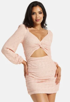 Women's Mini Dress with Puff Long Sleeves and Cut Out Details in Pink Sequin - Stunning Evening Wear by Liquorish