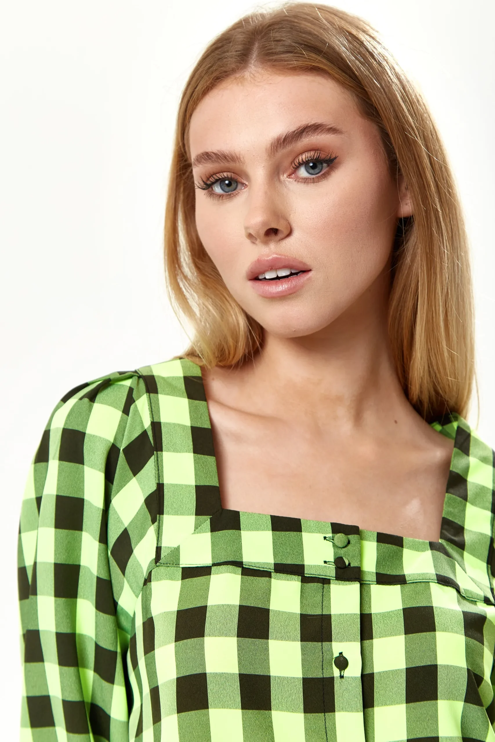Women’s Mini Dress with Puff Sleeves in Neon Green Gingham, Button-Up Front, Oversized Fit, Playful and Chic