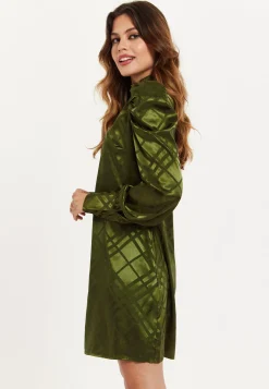 Women's Mini Dress with Puff Sleeves in Khaki Check Jacquard - Regular Fit, High Neck, by Liquorish