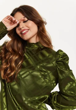 Women's Mini Dress with Puff Sleeves in Khaki Check Jacquard - Regular Fit, High Neck, by Liquorish