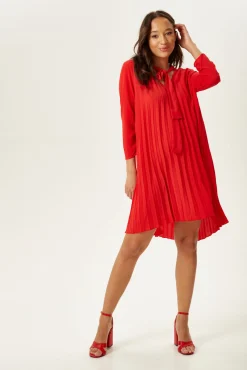 Women’s Mini Dress with Ruched Sleeves, Pleated Design, and Front Tie Detail in Bold Red