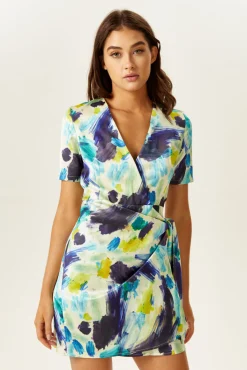 Women's Mini Dress with Short Sleeves in Vibrant Multicolour Abstract Print - Stylish Wrap Design by Liquorish