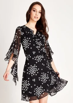 Women's Mini Dress with Star Print, V-Neck, Wrap Front Design, Tie Side, Frill Sleeves, Comfortable Fit