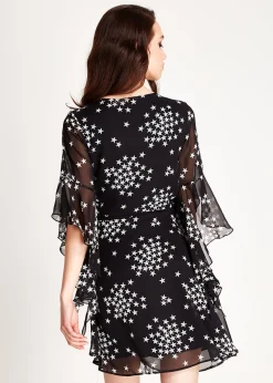 Women's Mini Dress with Star Print, V-Neck, Wrap Front Design, Tie Side, Frill Sleeves, Comfortable Fit