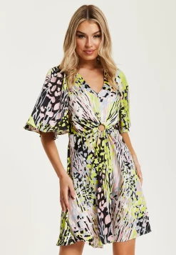 Women's Mini Dress with Vibrant Multicolour Abstract Print, V-Neck, Angel Sleeves, Cut-Out Front - Liquorish