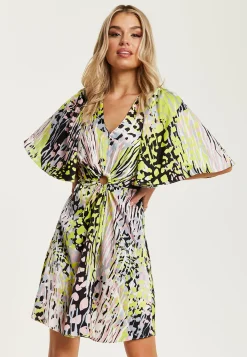 Women's Mini Dress with Vibrant Multicolour Abstract Print, V-Neck, Angel Sleeves, Cut-Out Front - Liquorish