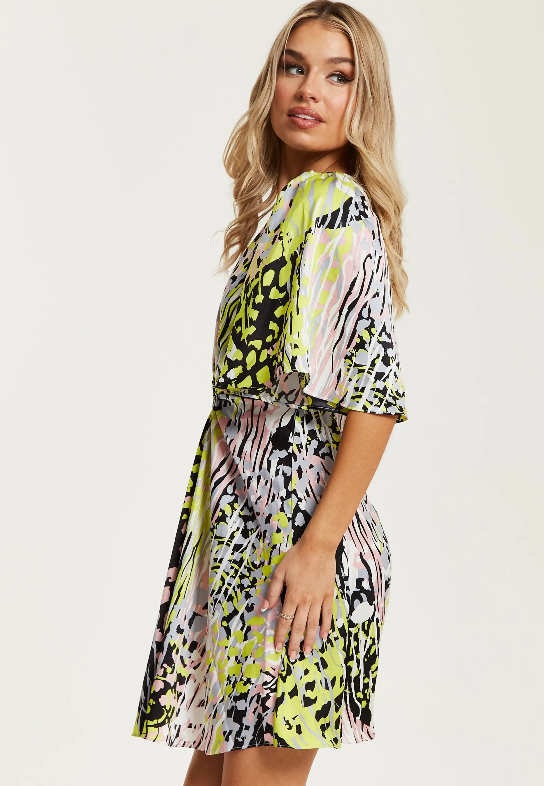 Women's Mini Dress with Vibrant Multicolour Abstract Print, V-Neck, Angel Sleeves, Cut-Out Front - Liquorish