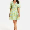Women's Mini Dress, Yellow Floral Print, V Neck, Balloon Sleeves, Tie Waist, Chic Summer Style