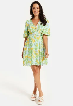Women's Mini Dress, Yellow Floral Print, V Neck, Balloon Sleeves, Tie Waist, Chic Summer Style