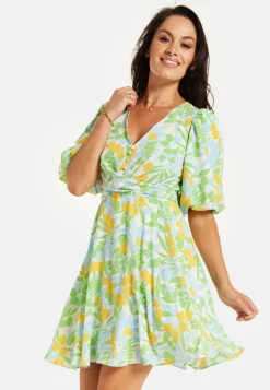 Women's Mini Dress, Yellow Floral Print, V Neck, Balloon Sleeves, Tie Waist, Chic Summer Style