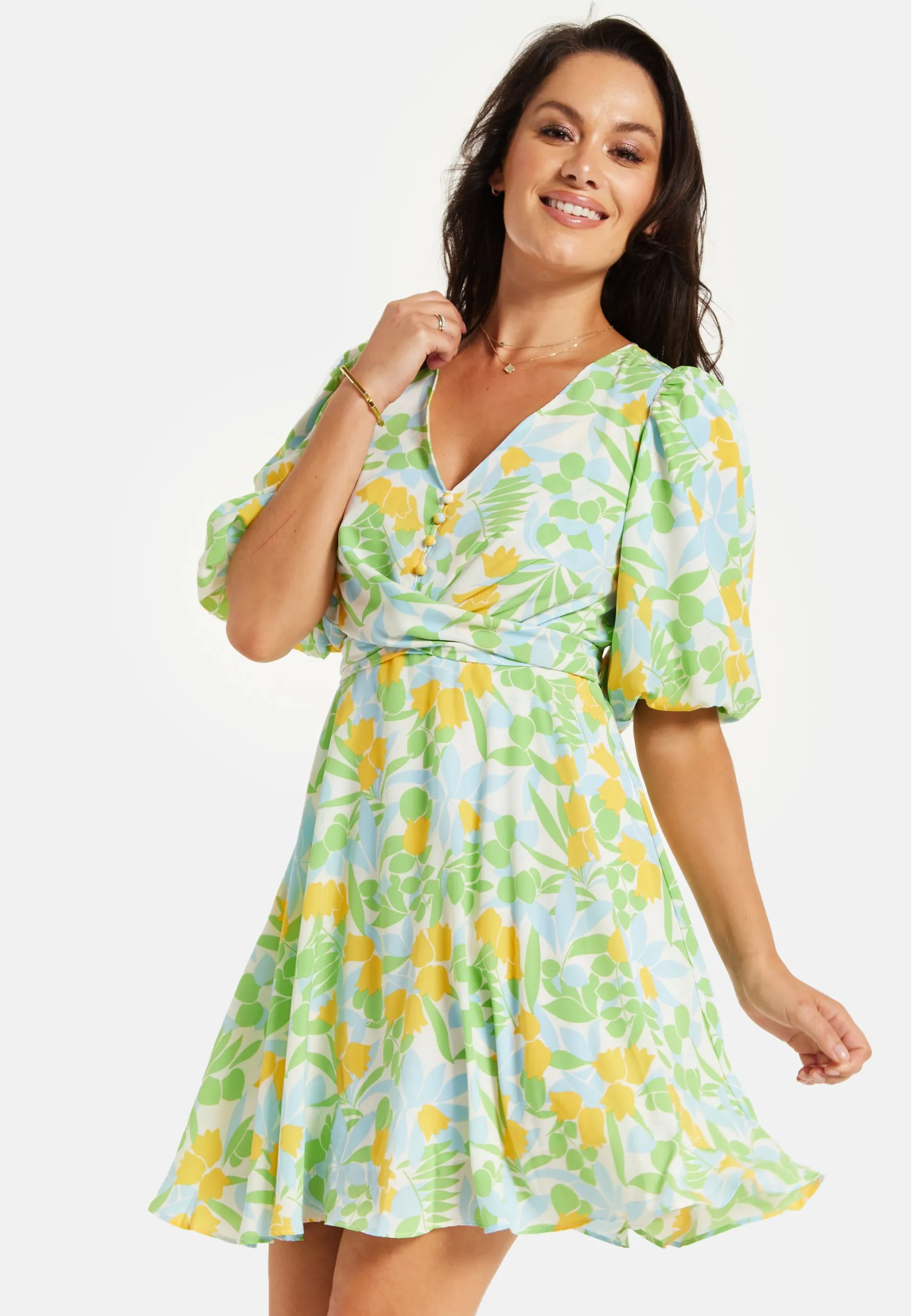 Women's Mini Dress, Yellow Floral Print, V Neck, Balloon Sleeves, Tie Waist, Chic Summer Style