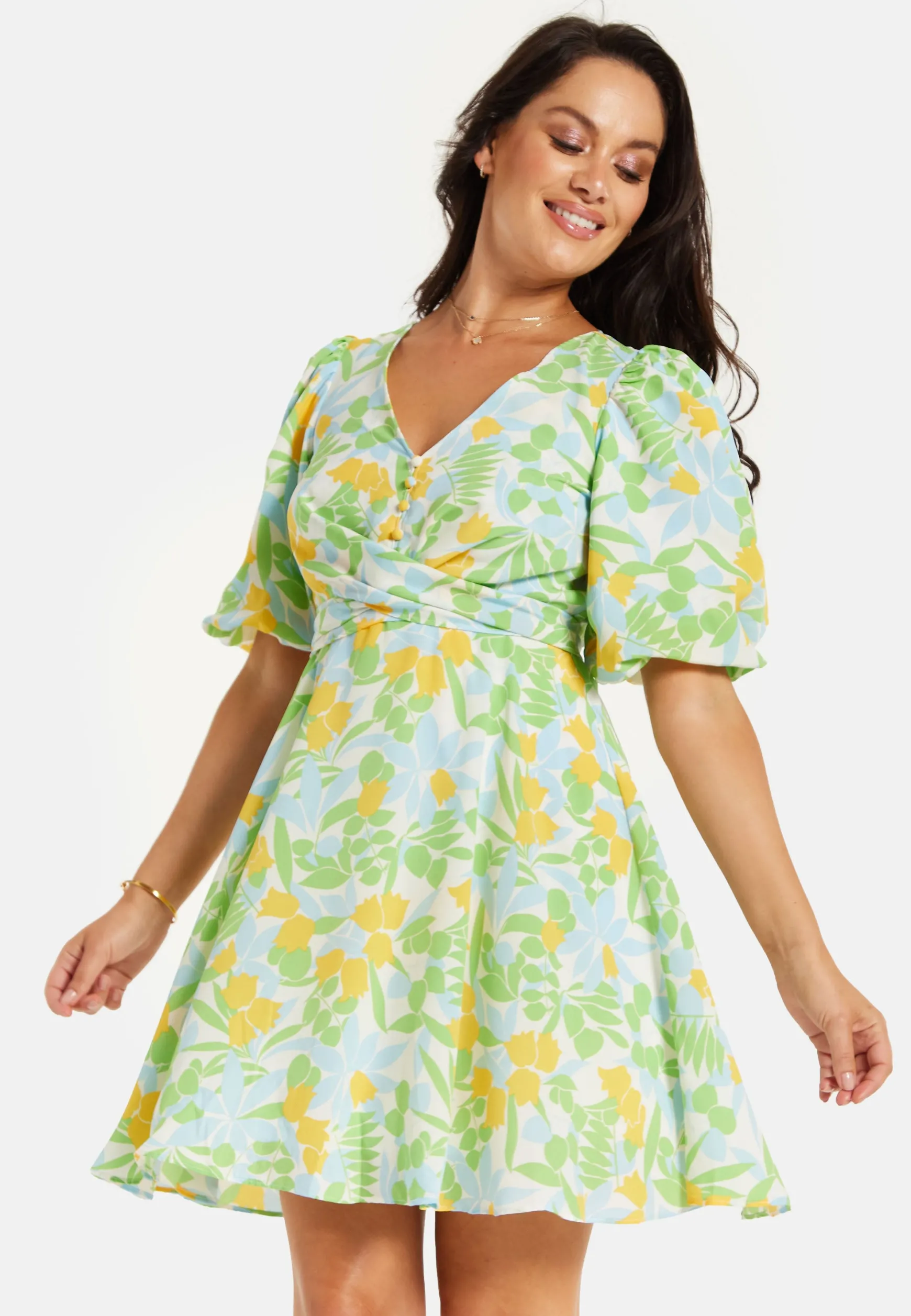Women's Mini Dress, Yellow Floral Print, V Neck, Balloon Sleeves, Tie Waist, Chic Summer Style