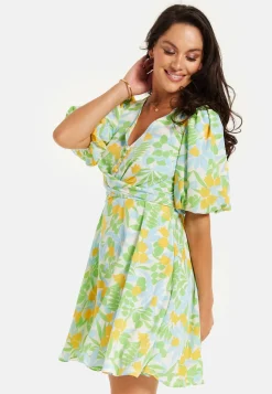 Women's Mini Dress, Yellow Floral Print, V Neck, Balloon Sleeves, Tie Waist, Chic Summer Style
