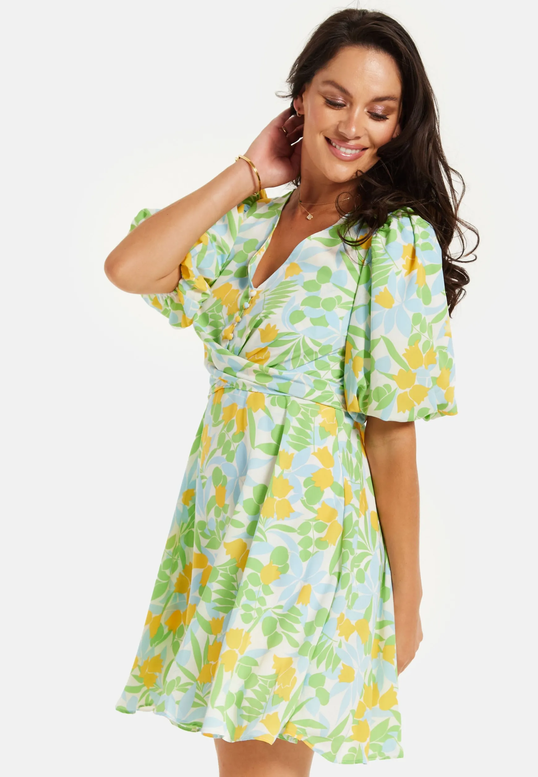 Women's Mini Dress, Yellow Floral Print, V Neck, Balloon Sleeves, Tie Waist, Chic Summer Style