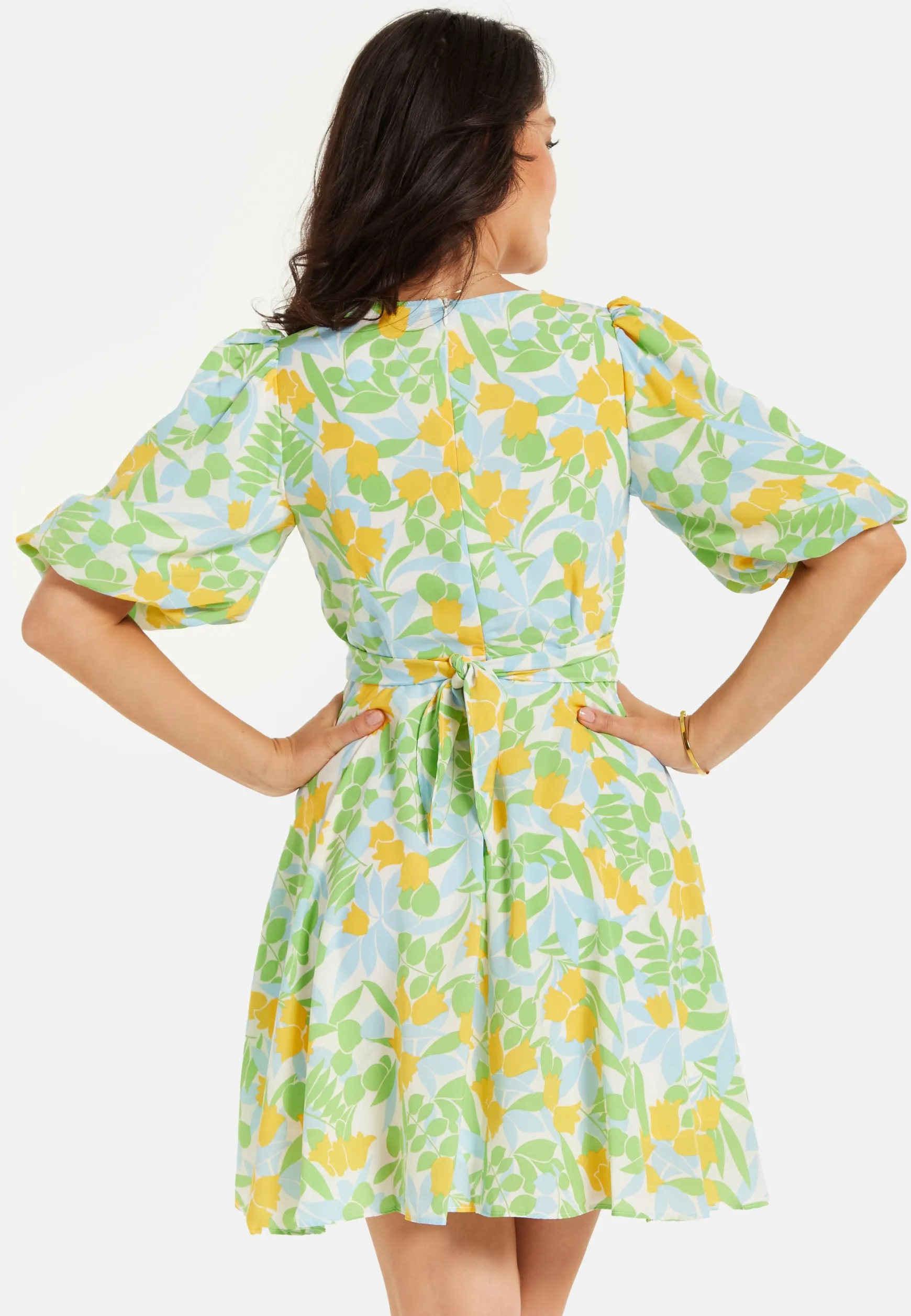 Women's Mini Dress, Yellow Floral Print, V Neck, Balloon Sleeves, Tie Waist, Chic Summer Style
