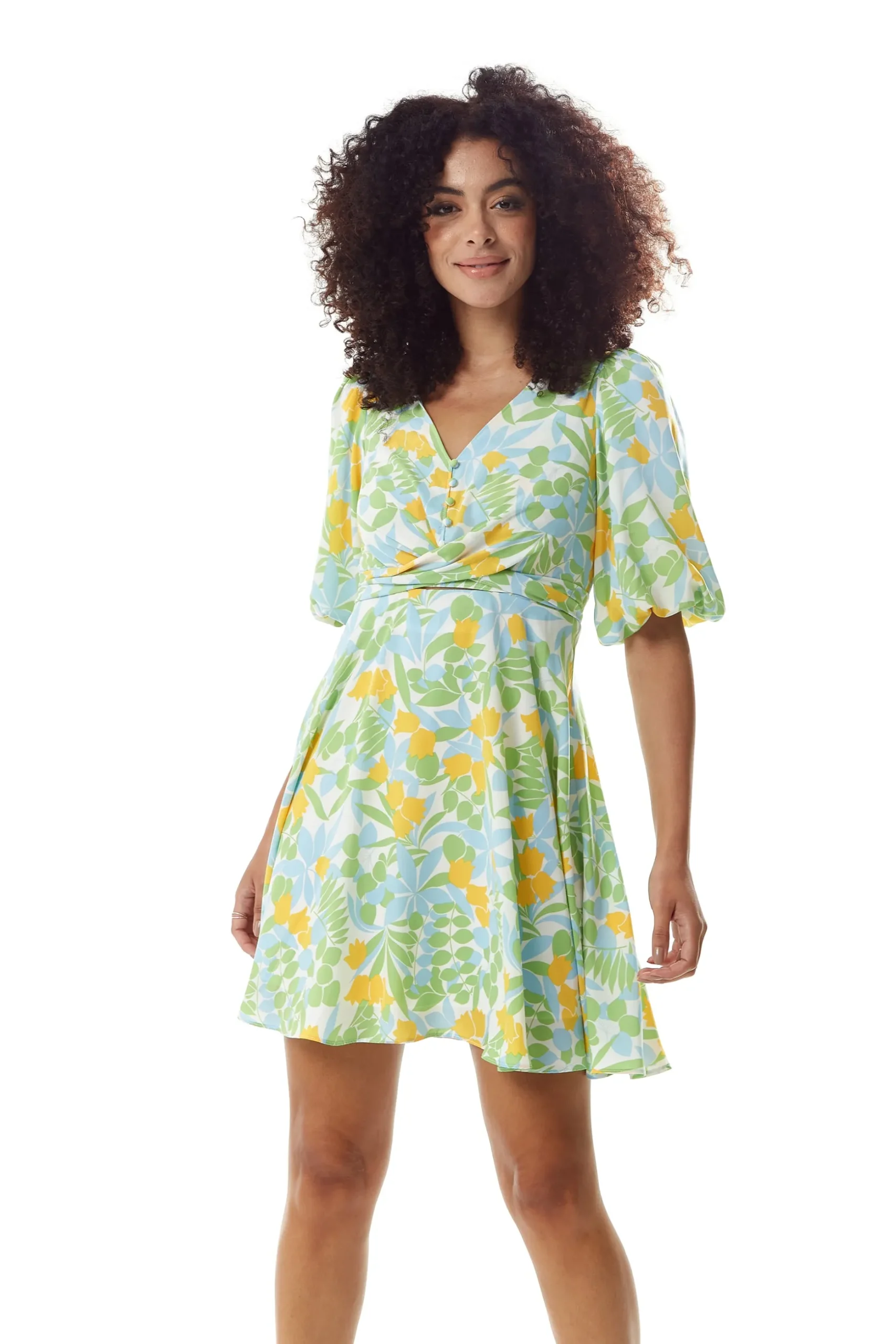 Women's Mini Dress, Yellow Floral Print, V Neck, Balloon Sleeves, Tie Waist, Chic Summer Style