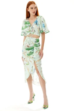 Women's Mint Green Bird Print Midi Skirt with Front Buttons and Side Slit, Regular Fit - Liquorish