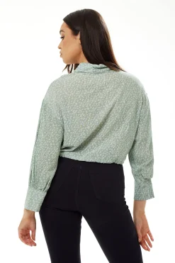 Women's Mint Green Crop Shirt - Cropped Style, Tie Waist, Short Sleeves, Solid Color, UK Sizes S-8, M-10, L-12