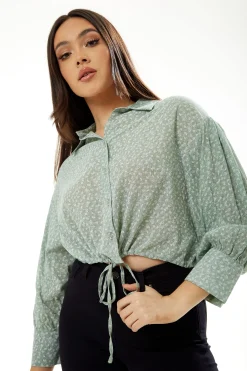 Women's Mint Green Crop Shirt - Cropped Style, Tie Waist, Short Sleeves, Solid Color, UK Sizes S-8, M-10, L-12