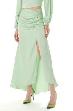 Women's Mint Green Gathered Detail Maxi Skirt with Front Slit - Regular Fit, Plain Design, by Liquorish
