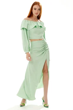 Women's Mint Green Gathered Detail Maxi Skirt with Front Slit - Regular Fit, Plain Design, by Liquorish