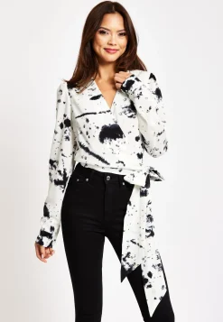 Women's Mono Abstract Print Wrap Top with Long Sleeves, Crop Style, Matching Tie Waist, Perfect for Any Occasion.